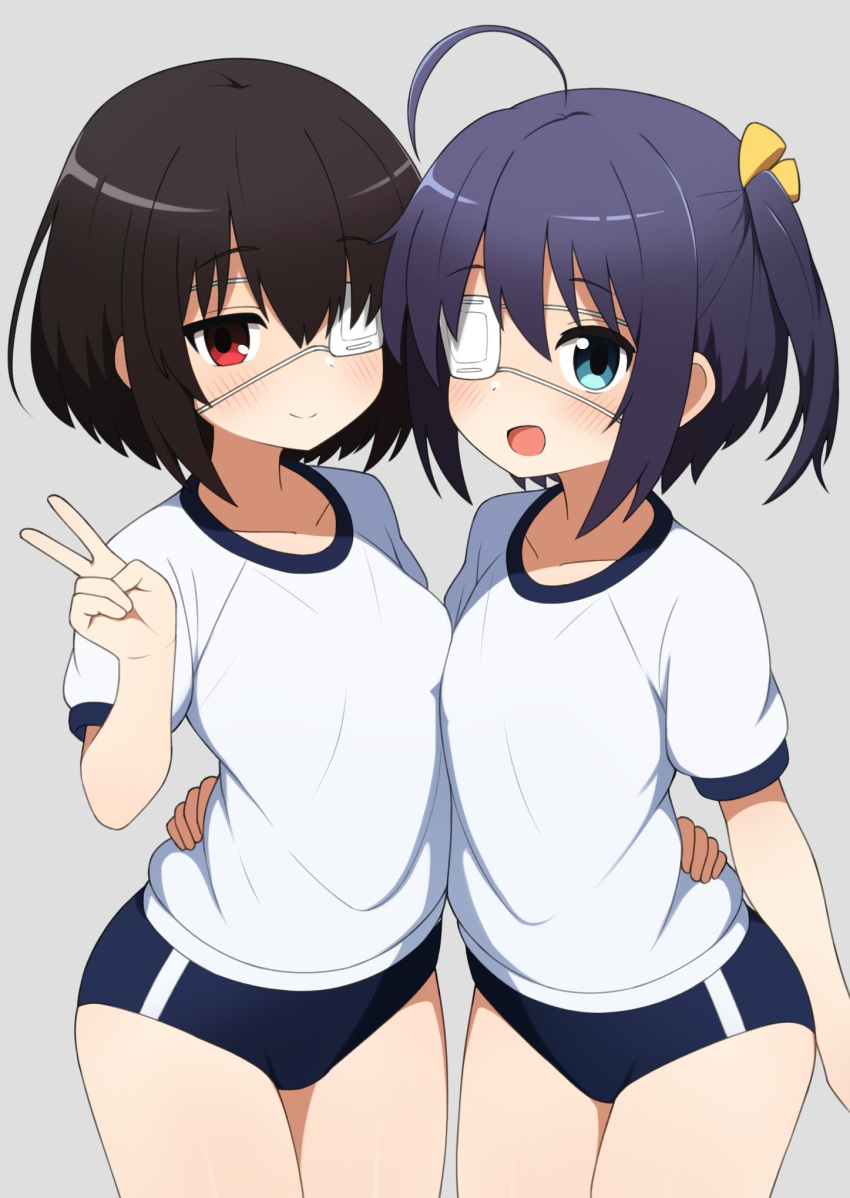 2girls :d ahoge another black_hair blue_buruma blue_eyes blue_hair buruma chuunibyou_demo_koi_ga_shitai! commentary cowboy_shot crossover eyepatch grey_background gym_shirt gym_uniform hair_ribbon highres medical_eyepatch mikoscrub misaki_mei multiple_girls one_side_up red_eyes ribbon shirt short_hair short_sleeves simple_background smile standing takanashi_rikka thighs trait_connection white_shirt yellow_ribbon