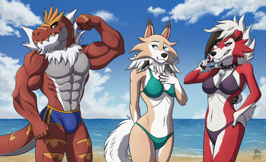 anthro beach bikini black_clothing blue_clothing canid canine canis clothing cloud collar dinosaur distance dragon female flirting fossil fossil_pokemon fur generation_6_pokemon generation_7_pokemon grey_body grey_chest group hi_res looking_at_another lycanroc male male/female mammal mightyraptor muscular muscular_male mythological_creature mythological_scalie mythology nintendo pokemon pokemon_(species) prehistoric_species red_body red_fur red_scales reptile sand scales scalie sea sky smile standing_behind swimwear trio two-piece_swimsuit tyrantrum water white_body white_fur wolf yellow_body yellow_fur