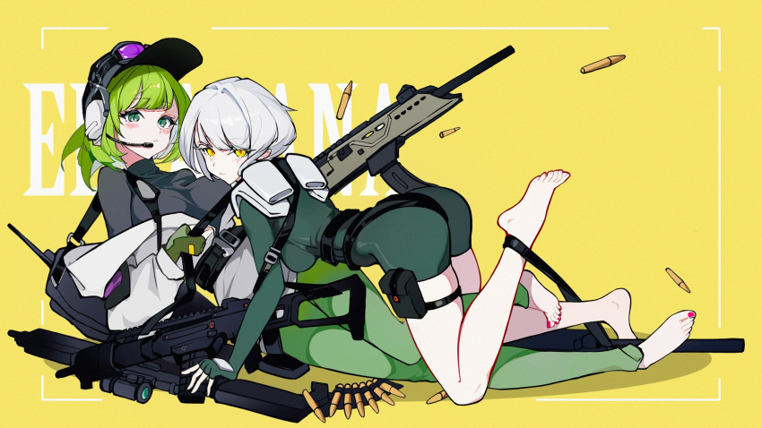 2girls arknights baoliehuo_yanhong barefoot black_hat blush bullet ela_(rainbow_six_siege) gloves green_eyes green_gloves green_hair gun hat headphones highres holding holding_gun holding_weapon iana_(rainbow_six) light_blush looking_at_viewer lying multicolored_eyes multiple_girls nail_polish on_side rainbow_six_siege red_eyes red_nails short_hair simple_background weapon white_hair yellow_background yellow_eyes yuri