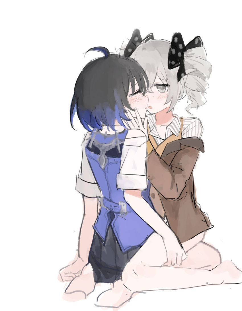 2girls at_tart barefoot black_bow black_hair black_skirt blue_hair blue_vest bow bronya_zaychik bronya_zaychik_(wolf's_dawn) brown_jacket closed_eyes collared_shirt commentary drill_hair full_body grey_eyes grey_hair hairbow hand_on_another's_face highres honkai_(series) honkai_impact_3rd jacket multicolored_hair multiple_girls multiple_hair_bows no_pants open_mouth polka_dot polka_dot_bow seele_vollerei seele_vollerei_(azure_memories) seele_vollerei_(swallowtail_phantasm) seiza shirt short_hair short_sleeves simple_background sitting sitting_on_person skirt straddling striped_clothes striped_shirt tears twin_drills two-tone_hair vertical-striped_clothes vertical-striped_shirt vest white_background white_shirt yuri