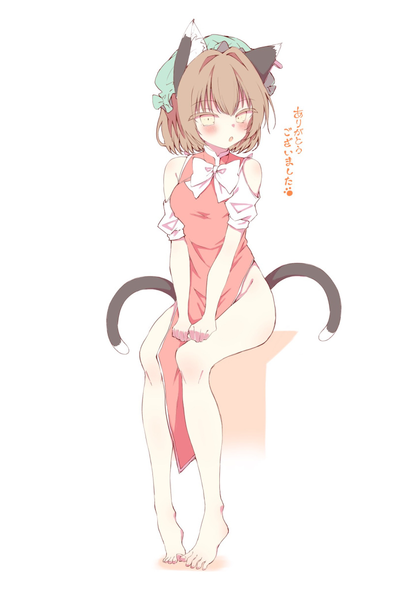 :o adapted_costume animal_ear_fluff animal_ear_piercing animal_ears bare_legs bare_shoulders barefoot blush bow bowtie breasts brown_eyes brown_hair cat_ears cat_tail chen clothing_cutout commentary_request dress earrings female full_body groin hat highres jewelry looking_at_viewer medium_breasts mob_cap multiple_tails nekomata no_panties open_mouth red_dress seika_okawari short_hair shoulder_cutout simple_background single_earring sitting solo tail tiptoes touhou two_tails white_background white_bow white_bowtie yellow_eyes