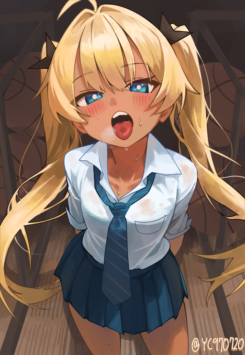 absurdres ahoge black_ribbon blonde_hair blue_eyes blue_necktie blue_skirt blush clear_(djmax) collared_shirt djmax djmax_respect female hair_ribbon highres looking_at_viewer necktie open_mouth pleated_skirt ribbon shirt skirt solo standing sweat syc2159 teeth tongue tongue_out twintails twitter_username upper_teeth_only white_shirt