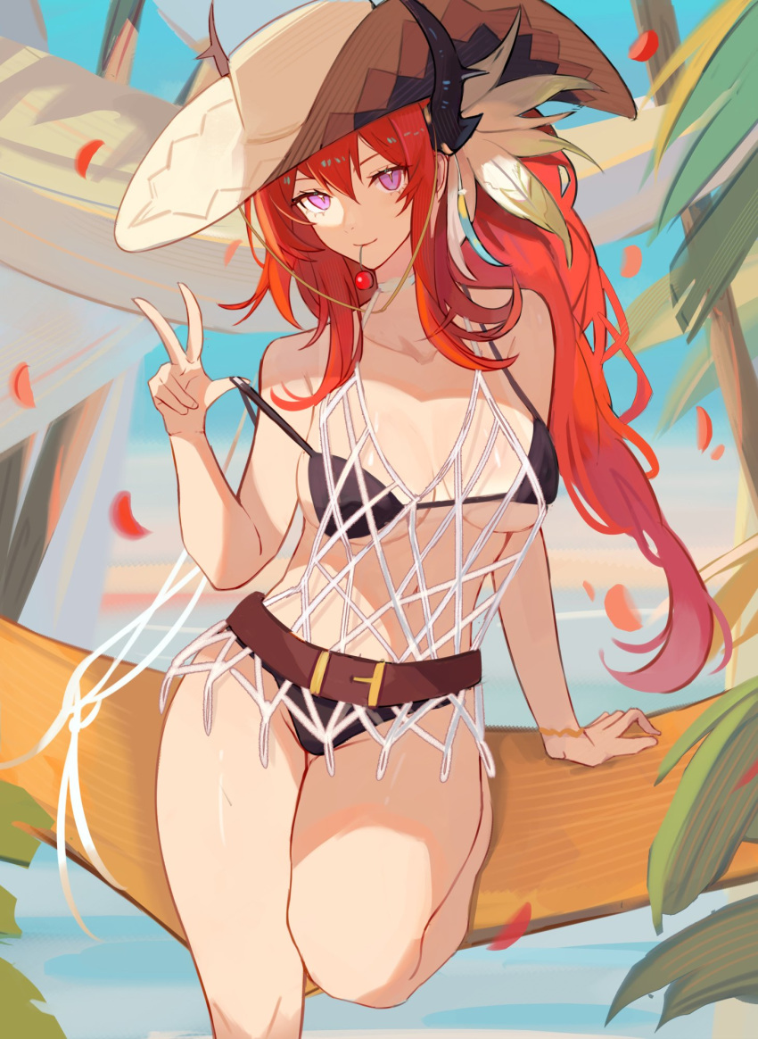 arknights bare_arms bare_legs belt bikini black_bikini breasts brown_belt cherry dummyeq female food fruit hair_between_eyes hat highres large_breasts long_hair looking_at_viewer navel purple_eyes red_hair solo stomach sun_hat surtr_(arknights) swimsuit