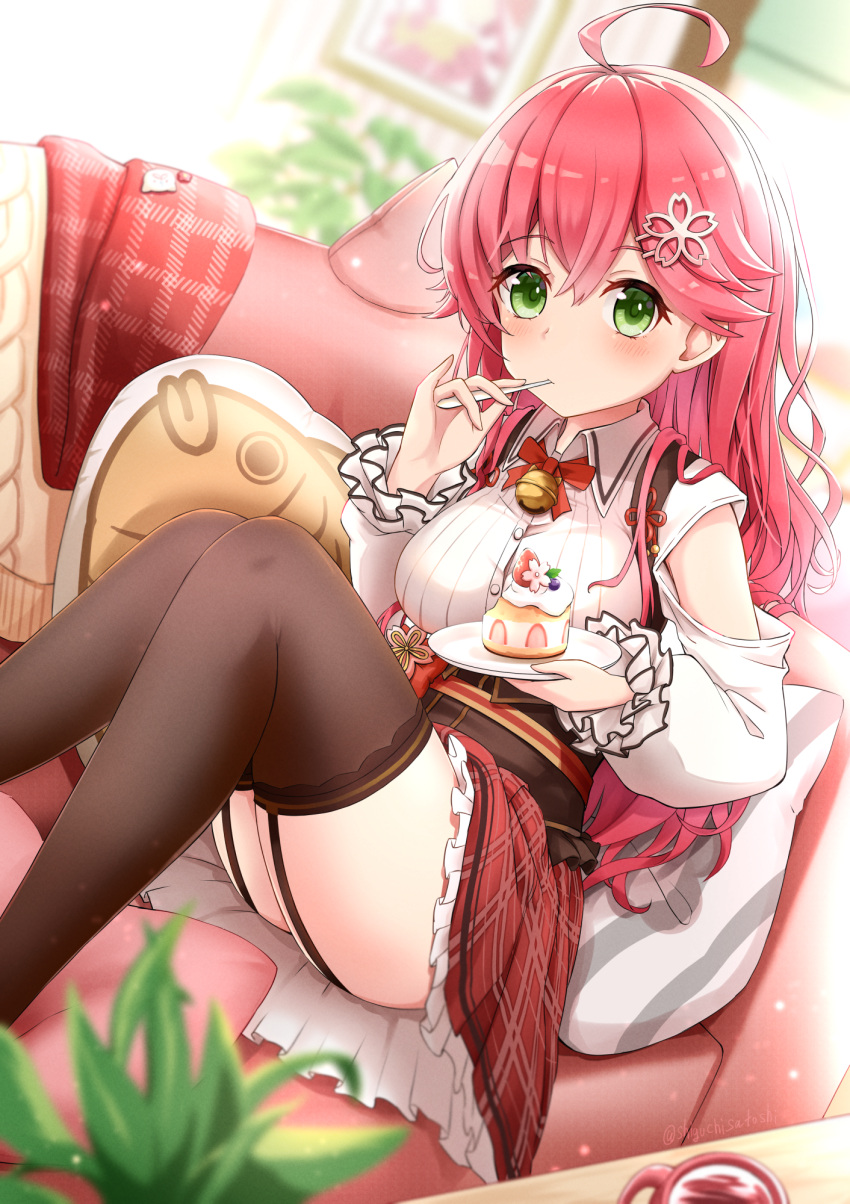 ahoge bell black_thighhighs blurry blurry_background blush bodice breasts clothing_cutout collared_shirt couch female flower garter_straps green_eyes hair_flower hair_ornament hairclip highres holding holding_plate holding_spoon hololive indoors knees_up large_breasts long_hair long_sleeves looking_at_viewer neck_bell neck_ribbon official_alternate_costume on_couch panikuru_yuuto pillow pink_hair plaid_clothes plaid_skirt plate pleated_skirt red_skirt ribbon sakura_miko sakura_miko_(casual) shirt shoulder_cutout sitting skirt solo spoon thighhighs thighs twitter_username utensil_in_mouth virtual_youtuber white_shirt