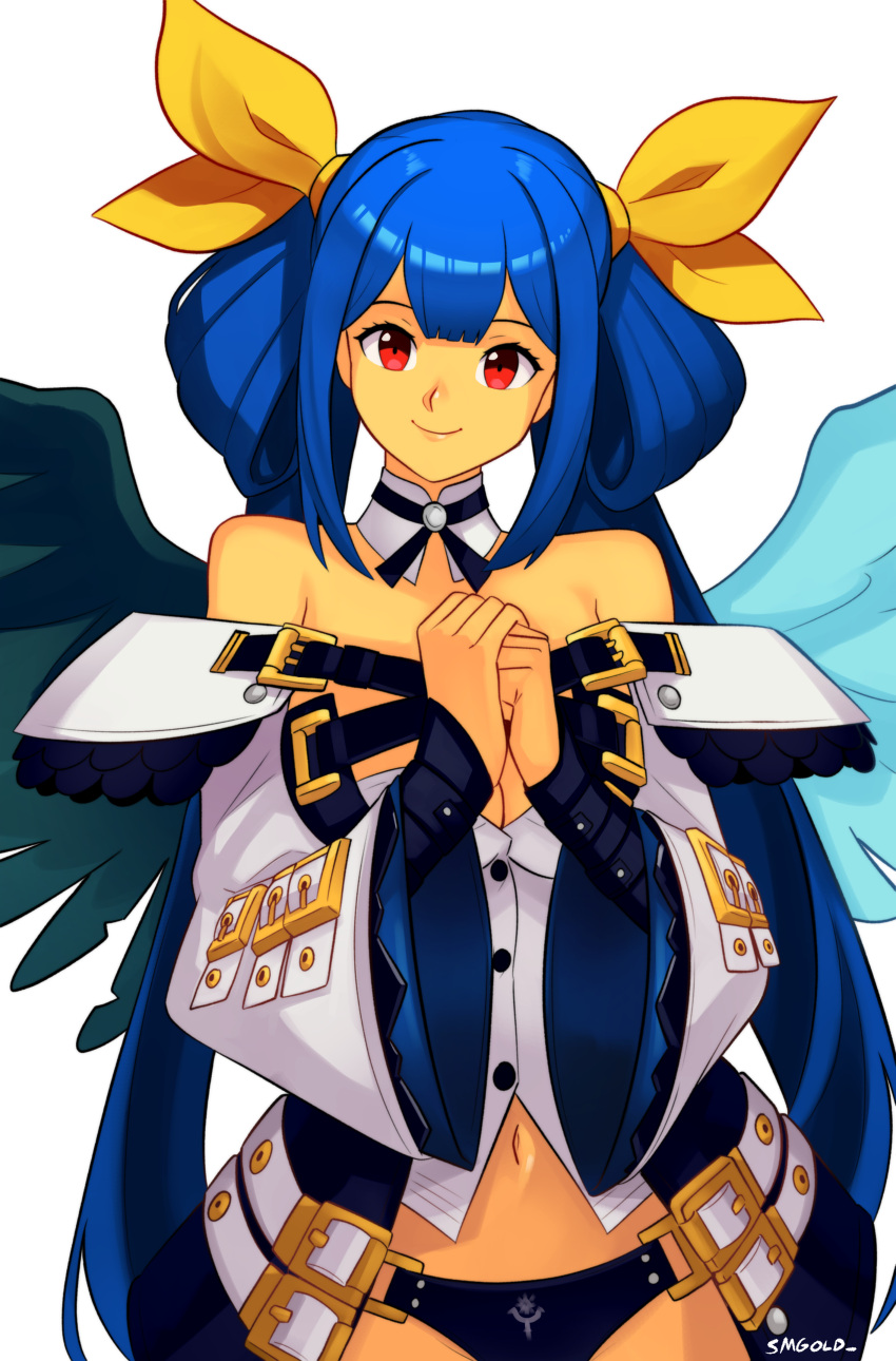 absurdres angel_wings artist_name asymmetrical_wings bare_shoulders belt black_panties blue_hair breasts cleavage cleavage_cutout closed_mouth clothing_cutout collar commentary detached_collar detached_sleeves dizzy_(guilty_gear) english_commentary female guilty_gear guilty_gear_xrd hair_between_eyes hair_ribbon hair_rings highres large_breasts long_hair midriff navel own_hands_together panties patreon_username red_eyes ribbon sidelocks smgold smile solo standing twintails underwear white_background wide_sleeves wings yellow_ribbon