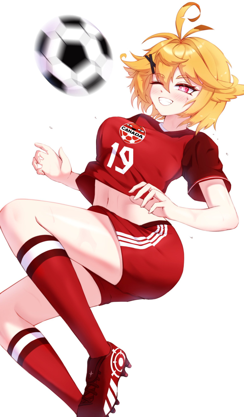 absurdres alternate_costume ball blonde_hair breasts canada cgator cleats dokibird_(vtuber) female hair_ornament highres indie_virtual_youtuber kneehighs medium_breasts navel open_mouth red_eyes red_footwear red_shirt red_shorts red_socks shirt short_sleeves shorts simple_background soccer soccer_ball soccer_uniform socks solo sportswear white_background x_hair_ornament