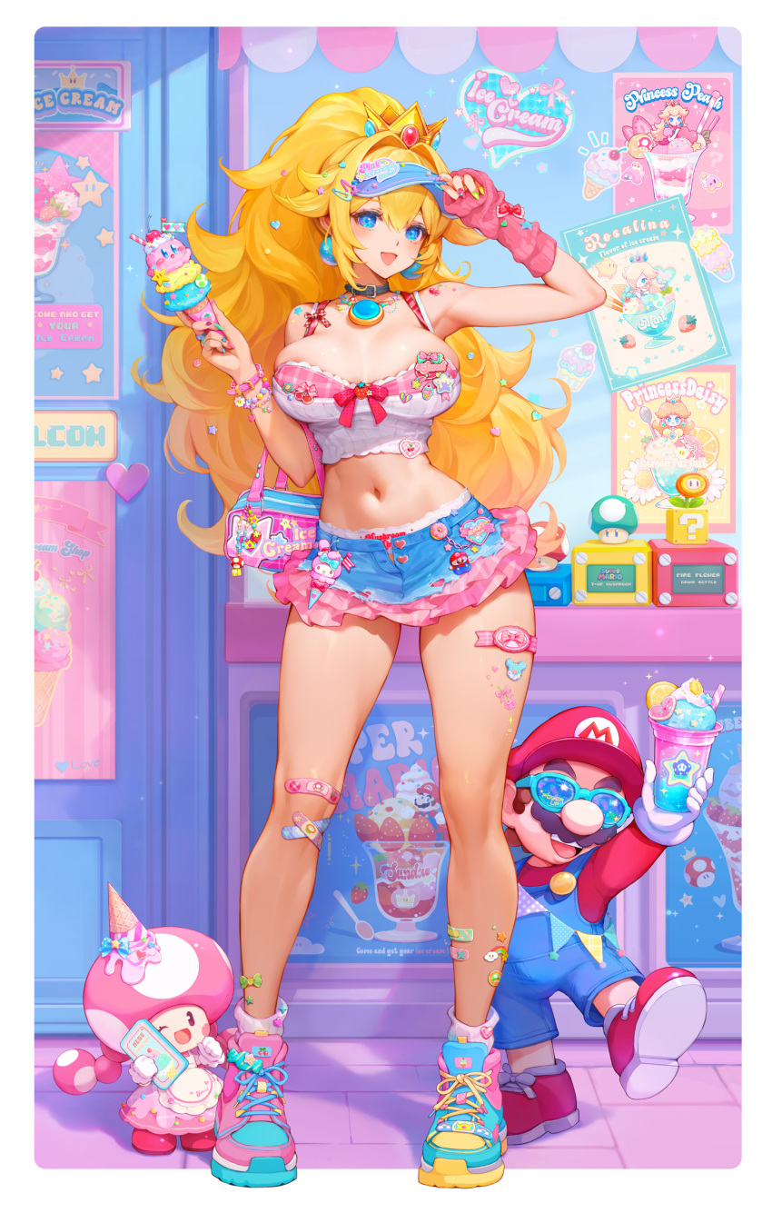 1boy :d areola_slip bag bandaid bandaid_on_knee bandaid_on_leg bare_shoulders blonde_hair blue_eyes blue_overalls border bracelet breasts choker colorful crop_top crown earrings english_text facial_hair female food full_body gloves hat highres holding holding_food ice_cream ice_cream_cone jewelry kirby kirby_(series) large_breasts long_hair looking_at_viewer mario mario_(series) miniskirt moustache mushroommirror nail_polish navel open_mouth outside_border overalls ponytail princess_daisy princess_peach red_hat red_skirt rosalina shirt shoes skirt smile sneakers socks standing stomach super_mario_bros._1 thighs toadette very_long_hair visor_cap white_border white_gloves