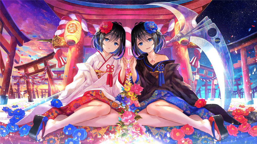 2girls benghuai_xueyuan black_hair black_kimono blue_eyes blue_flower blue_hair cloud dual_persona feet flower hair_flower hair_ornament highres holding holding_scythe honkai_(series) japanese_clothes kimono lantern legs multicolored_hair multiple_girls multiple_torii night no_socks official_art paper_lantern parted_lips pink_flower red_flower rope sandals scythe seele_vollerei shimenawa sitting sky star_(sky) starry_sky sunset tassel tattoo third-party_source toes torii two-tone_hair white_kimono yellow_flower