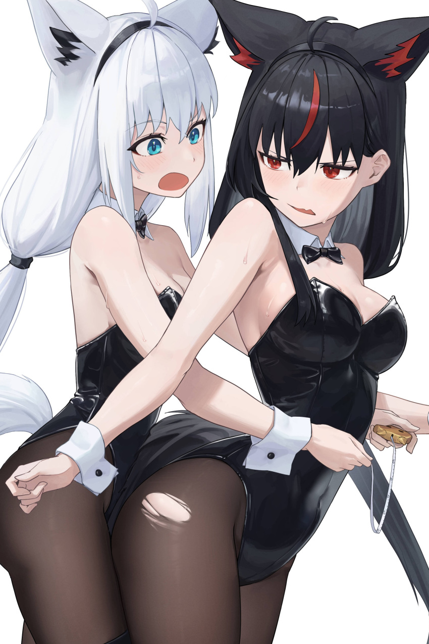 2girls absurdres ahoge alternate_costume animal_ear_fluff animal_ears aqua_eyes bare_shoulders black_bow black_bowtie black_hair black_hairband black_leotard black_pantyhose blush bow bowtie breasts choppy_bangs cleavage commentary_request covered_navel dark_persona detached_collar extra_ears fox_ears fox_girl fox_tail hairband highres holding hololive leotard long_hair low_ponytail low_twintails medium_breasts multicolored_hair multiple_girls oerba_yun_fang official_alternate_hairstyle open_mouth pantyhose playboy_bunny red_eyes red_hair satellite999 shirakami_fubuki sidelocks simple_background skin_fang standing strapless strapless_leotard streaked_hair tail tape_measure torn_clothes torn_pantyhose traditional_bowtie twintails very_long_hair virtual_youtuber white_background white_hair wrist_cuffs