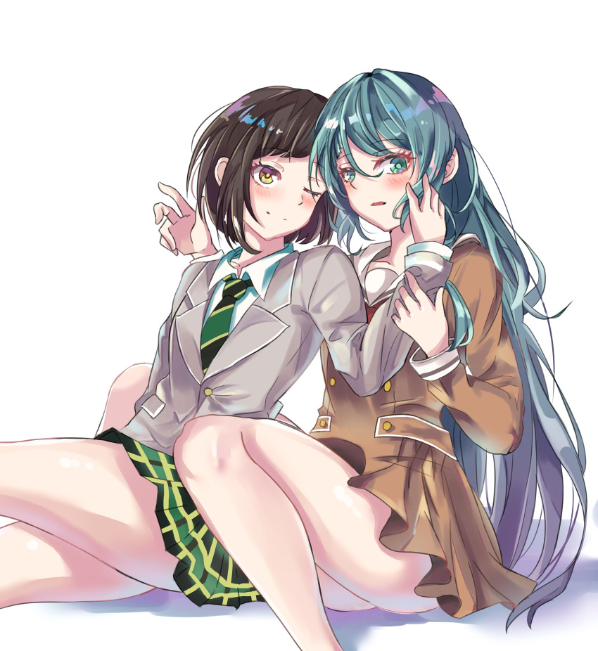 2girls absurdres aqua_hair bang_dream! blush brown_dress brown_hair collar collarbone collared_shirt commentary dated_commentary diagonal-striped_clothes diagonal-striped_necktie dress green_eyes hanasakigawa_school_uniform hand_on_another's_cheek hand_on_another's_face haneoka_school_uniform hazawa_tsugumi highres hikawa_sayo holding holding_another's_arm long_hair looking_at_viewer multiple_girls necktie one_eye_closed open_mouth patpang plaid_clothes plaid_necktie plaid_skirt pleated_skirt sailor_dress school_uniform shirt short_hair sitting skirt smile striped_clothes thighs white_background yuri