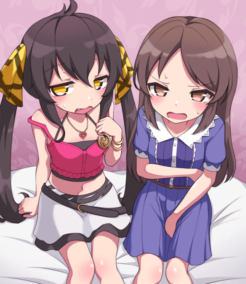 2girls :o absurdres ahoge arm_between_legs arm_support bare_legs black_hair blue_dress blush brown_hair commentary crop_top dress feet_out_of_frame highres idolmaster idolmaster_cinderella_girls long_hair looking_at_viewer matoba_risa midriff mooramango multiple_girls navel oerba_yun_fang sitting skirt straight_hair sweat tachibana_arisu twintails v-shaped_eyebrows very_long_hair white_skirt