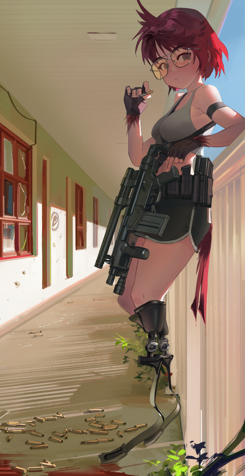 absurdres against_railing ammunition_pouch amputee battle_rifle blood double_amputee female fingerless_gloves freckles full_body gloves gun h&k_hk51 highres looking_at_viewer magazine_(weapon) original polilla pouch prosthesis prosthetic_leg railing red_hair rifle running_blades shell_casing short_hair smoking solo standing sunglasses very_short_hair weapon