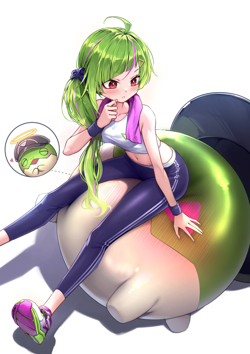 absurdres ahoge bare_shoulders black_hat black_pants blush curry_bowl delutaya diagonal_bangs female green_hair hair_ornament hair_scrunchie halo hat heart highres indie_virtual_youtuber looking_back looking_down mascot midriff navel nose_blush open_mouth pants parted_lips red_eyes scrunchie shoes side_ponytail sitting_on_face sneakers sweatband tank_top thought_bubble towel towel_around_neck triangle_hair_ornament virtual_youtuber white_background white_tank_top workout_clothes