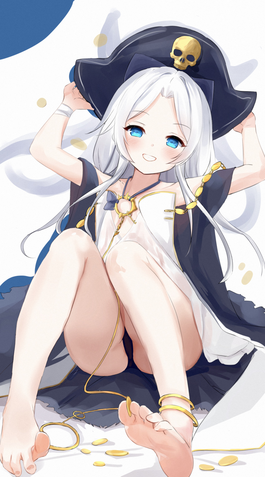 absurdres anklet ass azur_lane barefoot between_toes black_panties blue_eyes coin collarbone dolphin_(azur_lane) dorsiflexion dress feet flat_chest gold_coin grin hamiro hat head_tilt highres jewelry looking_at_viewer no_pants panties pirate_hat see-through_clothes see-through_dress smile soles thighs toes underwear white_dress white_hair