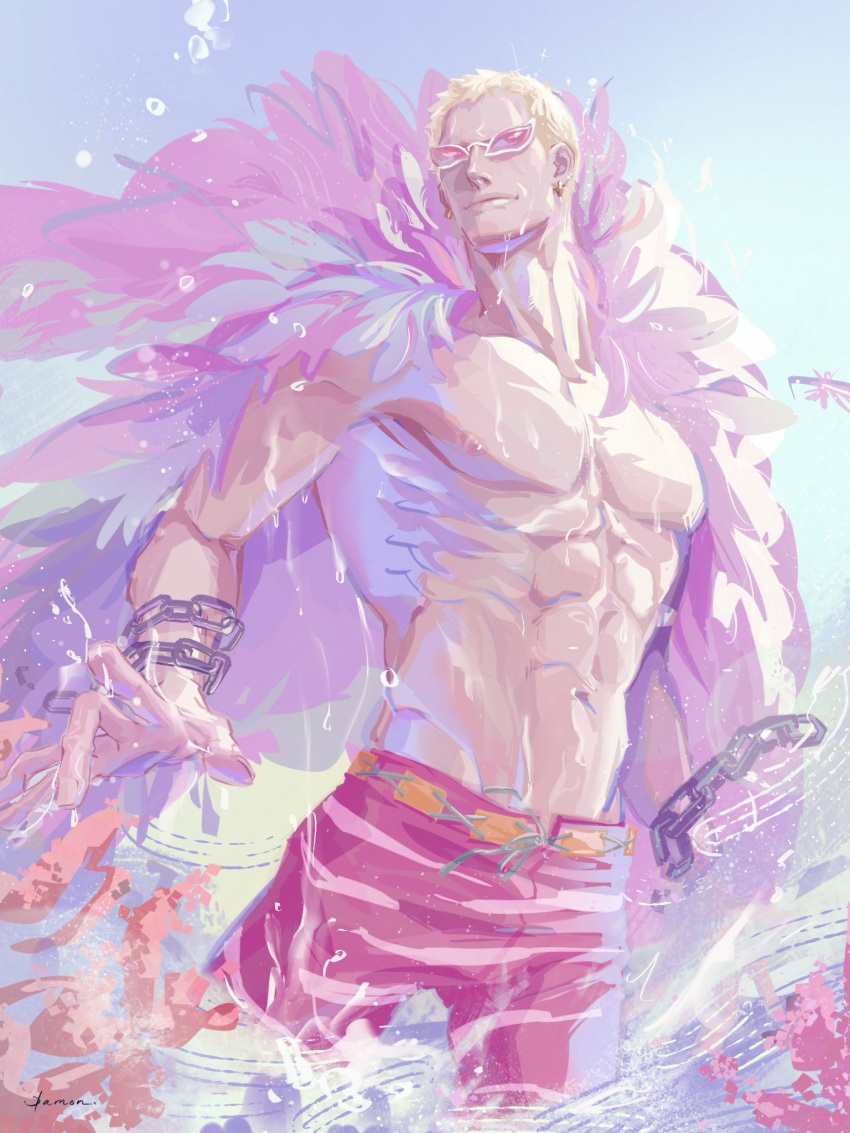 1boy abs artist_name blonde_hair blue_background broken broken_chain chains coat cowboy_shot damon_(damonn_h) donquixote_doflamingo earrings highres jewelry light_smile looking_at_viewer male_focus muscular muscular_male one_piece partially_submerged pink_coat short_hair solo sunglasses topless_male water_drop