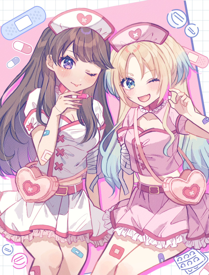 2girls ;d ;p alternate_costume bag bandaged_arm bandages bandaid bandaid_on_knee bandaid_on_leg bandaid_on_thigh blonde_hair blue_eyes blue_hair blush breasts brown_hair cleavage cleavage_cutout closed_mouth clothing_cutout collarbone commentary feet_out_of_frame frilled_skirt frills fujishima_megumi gradient_hair handbag hat heart heart-shaped_bag highres holding holding_pill holding_syringe invisible_chair light_blue_hair link!_like!_love_live! long_hair love_live! medium_breasts midriff miniskirt multicolored_hair multiple_girls nurse nurse_cap oerba_yun_fang one_eye_closed open_mouth osawa_rurino parted_bangs pink_bag pink_shirt pink_skirt puffy_short_sleeves puffy_sleeves purple_eyes shimada_(smd_dms) shirt short_sleeves sitting skin_fang skirt small_breasts smile syringe tongue tongue_out twintails two_side_up virtual_youtuber white_shirt white_skirt