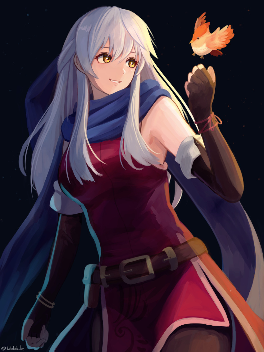 bare_shoulders belt bird black_background black_gloves black_pantyhose blue_scarf commentary cowboy_shot dress elbow_gloves female fingerless_gloves fire_emblem fire_emblem:_radiant_dawn gloves grin highres labebebe_lee long_hair micaiah_(fire_emblem) pantyhose red_dress scarf sidelocks simple_background sleeveless sleeveless_dress smile standing very_long_hair white_hair yellow_eyes yune_(fire_emblem)