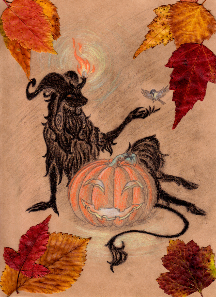 absurd_res ambiguous_gender anthro autumn_leaves avian bird black_body black_fur black_hair bovid caprine caprine_demon demon duo ear_tattoo eldritch_abomination feral fire flying food fruit fur goat goat_demon graphite_(artwork) great_tit hair halloween hi_res holidays hooves jack-o'-lantern leaf long_fur long_hair long_tail mammal mixed_media neck_tuft orange_eyes oscine passerine pastel_(artwork) pencil_(artwork) plant pumpkin sitting tail tail_tuft taraelblackwing tit_(bird) traditional_media_(artwork) tsapraka_(taraelblackwing) tuft