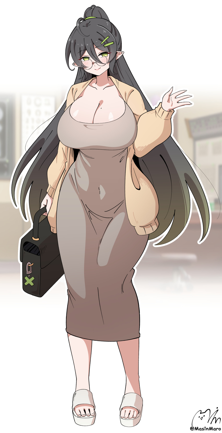 absurdres ahoge alternate_costume bag black-framed_eyewear black_hair blush breasts cardigan cleavage collarbone commentary covered_navel dongtan_dress dress female full_body glasses grey_dress hand_up highres hilde_(trickcal) holding holding_bag huge_breasts long_hair looking_at_viewer majinmallow meme_attire mole mole_on_breast pointy_ears ponytail round_eyewear sandals signature smile solo taut_clothes taut_dress trickcal twitter_username very_long_hair yellow_cardigan