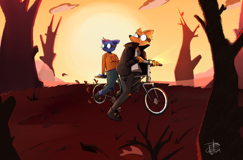 afternoon anthro bike_(disambiguation) calm canid canine clothed clothing digital_media_(artwork) domestic_cat duo felid feline felis female florest fur gregg_lee hair hi_res humanoid mae_borowski male male/female mammal night_in_the_woods peterson_drawn sun topwear vehicle