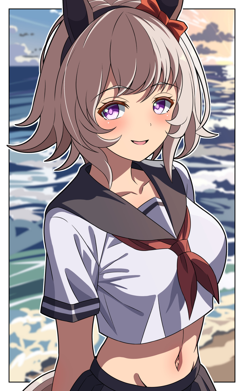 96dai_0313 :d absurdres arm_behind_back black_hairband black_sailor_collar blush bow collarbone crop_top curren_chan_(umamusume) female grey_hair groin hairband hairbow highres looking_at_viewer medium_hair midriff navel neckerchief ocean outline purple_eyes red_bow red_neckerchief sailor_collar sailor_shirt school_uniform serafuku shirt smile solo stomach umamusume upper_body white_outline white_shirt