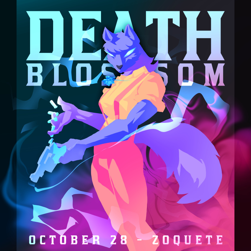 1:1 absurd_res ammunition anthro clothed clothing female gun hi_res looking_at_viewer poster ranged_weapon smoke solo solo_focus sweet_pea_(deathblossom) typography weapon zoquete