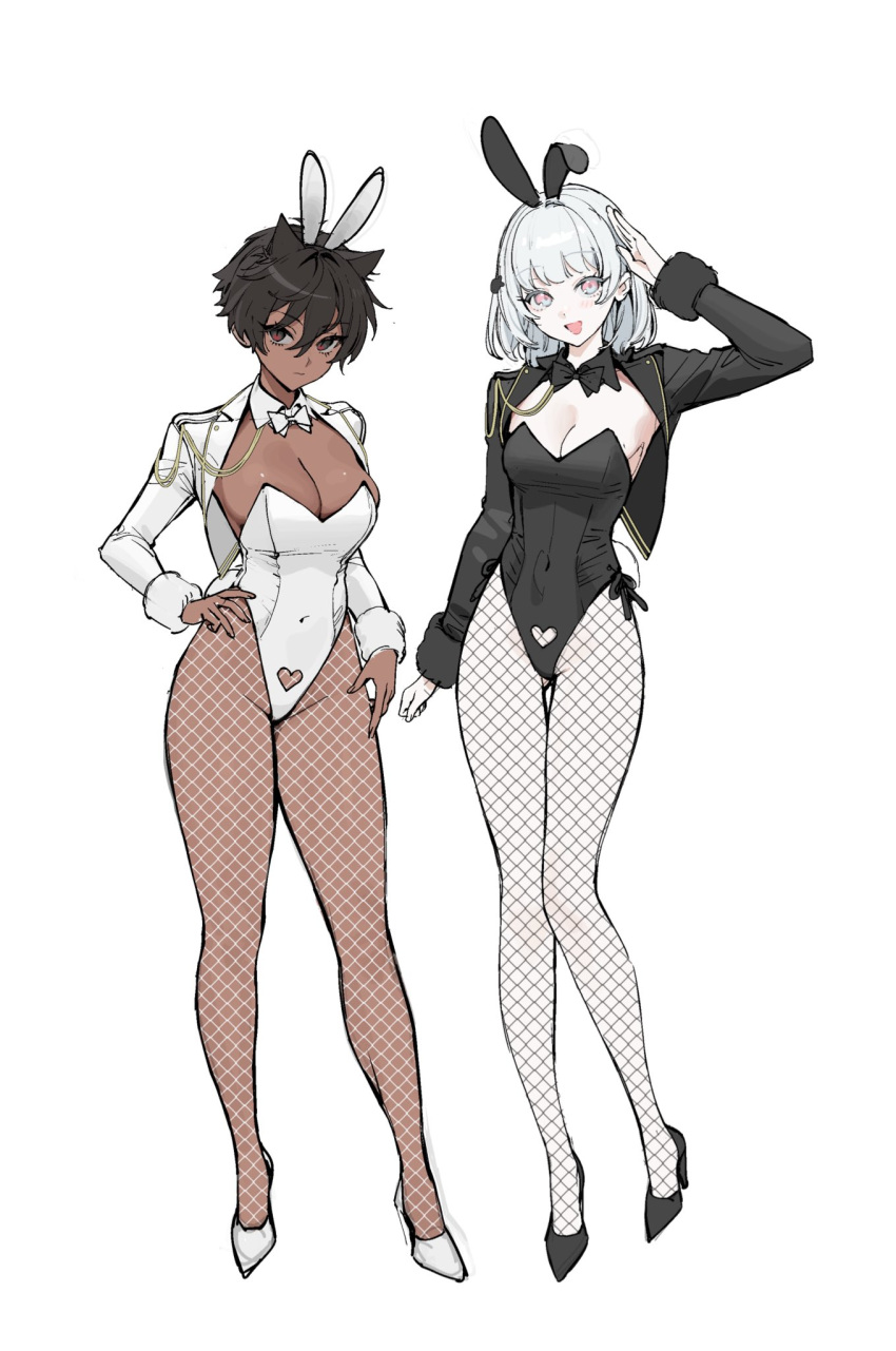 2girls albino bow breasts commentary cropped_jacket dark_skin expressionless fish_hair_ornament fishnets fur_trim hair_between_eyes hair_flaps hair_ornament heart highres jacket large_breasts long_sleeves medium_breasts micchan_(ohisashiburi) multiple_girls nacchan_(ohisashiburi) nontraditional_playboy_bunny ohisashiburi open_clothes open_jacket original pink_eyes playboy_bunny rabbit rabbit_tail red_eyes short_hair smile tail white_background white_hair