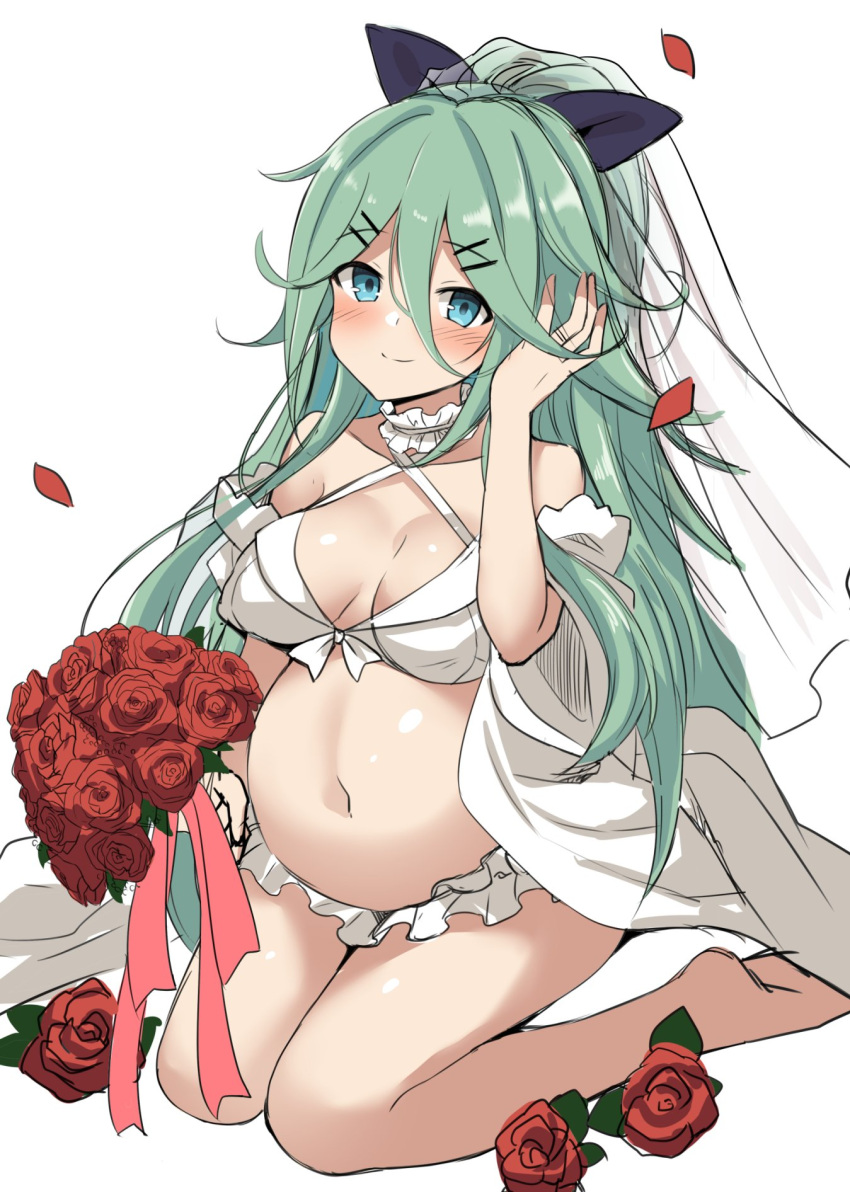 big_belly black_ribbon blue_eyes blush bouquet breasts bridal_lingerie bride dress female flower full_body green_eyes green_hair hair_between_eyes hair_flaps hair_ornament hair_ribbon hairclip highres holding holding_bouquet jewelry kantai_collection kokutou_nikke large_breasts lingerie long_hair looking_at_viewer navel nude outie_navel parted_bangs ponytail pregnant red_flower red_rose ribbon ring rose simple_background sitting smile solo underwear wedding_dress wedding_ring white_background yamakaze_(kancolle)