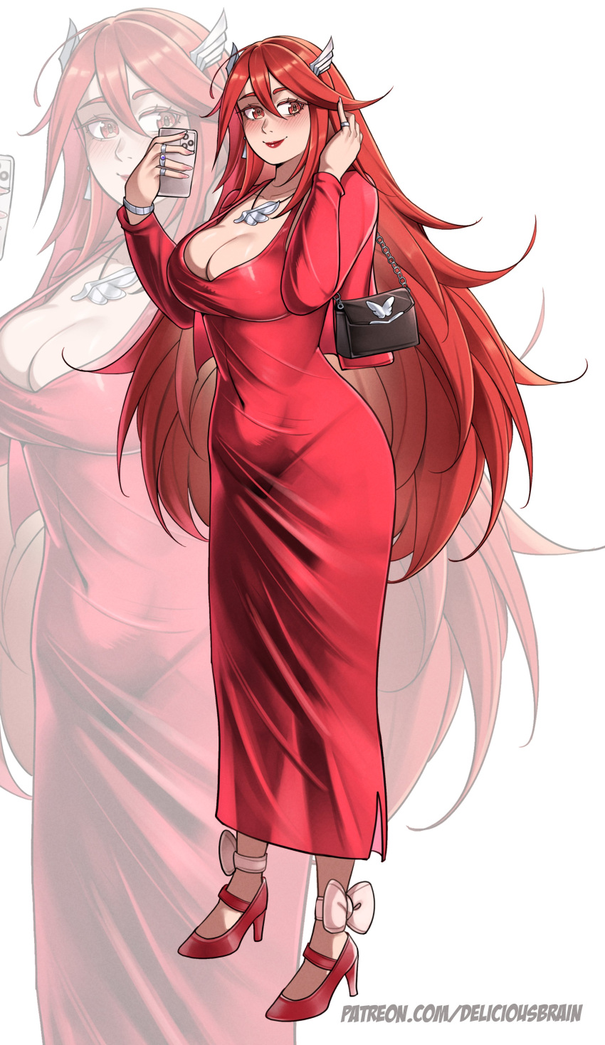 absurdres alternate_breast_size alternate_costume bag blush breasts cellphone cleavage cordelia_(fire_emblem) deliciousbrain dongtan_dress dress female fire fire_emblem fire_emblem_awakening handbag high_heels highres jewelry large_breasts lipstick long_hair looking_at_viewer makeup meme_attire necklace pantylines patreon_username phone plunging_neckline red_dress red_eyes red_footwear red_hair red_lips ring smartphone smile solo wing_hair_ornament