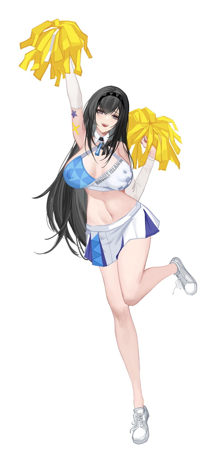 absurdres arknights black_hair black_hairband blue_archive breasts cheerleader commentary_request female grey_eyes hair_behind_ear hairband highres holding holding_pom_poms huge_breasts long_hair looking_at_viewer millennium_cheerleader_outfit_(blue_archive) miniskirt muffin_top open_mouth pleated_skirt pom_pom_(cheerleading) priestess_(arknights) shoes skirt sneakers solo sports_bra star_sticker sticker_on_arm two-tone_sports_bra very_long_hair white_footwear yaoshan_shi