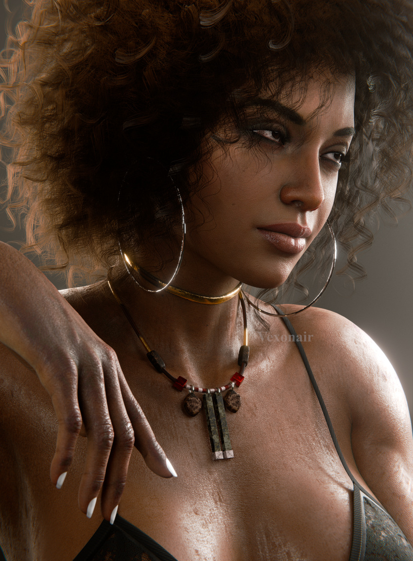 1girls 2024 3d afro alternate_hairstyle biohazard bra brown_hair close_view elbow_rest eyeshadow female female_only fit fit_female hoop_earrings leaning_on_object lipstick looking_to_the_side necklace no_nude no_nudity non-nude non_nude resident_evil resident_evil_5 see-through see-through_bra sheva_alomar solo sweaty sweaty_body tribal_necklace vexonair white_nails