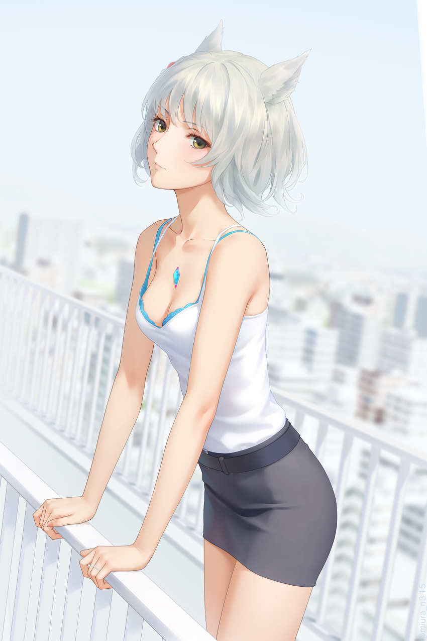 against_railing animal_ears arm_support bare_shoulders blue_bra blurry blurry_background bra bra_peek bra_strap bra_visible_through_clothes breasts brown_eyes camisole casual cat_ears chest_jewel city cleavage collarbone female grey_hair highres jewelry leaning_forward light_smile looking_at_viewer medium_breasts mio_(xenoblade) miura-n315 paid_reward_available pencil_skirt railing short_hair skirt solo underwear white_camisole white_hair xenoblade_chronicles_(series) xenoblade_chronicles_1 xenoblade_chronicles_3