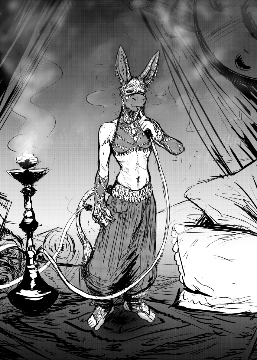 anthro asinus barefoot big_ears donkey equid equine feet harem_outfit hi_res hladilnik hookah jewelry male mammal midriff monochrome pillow smoke smoking solo tent veil