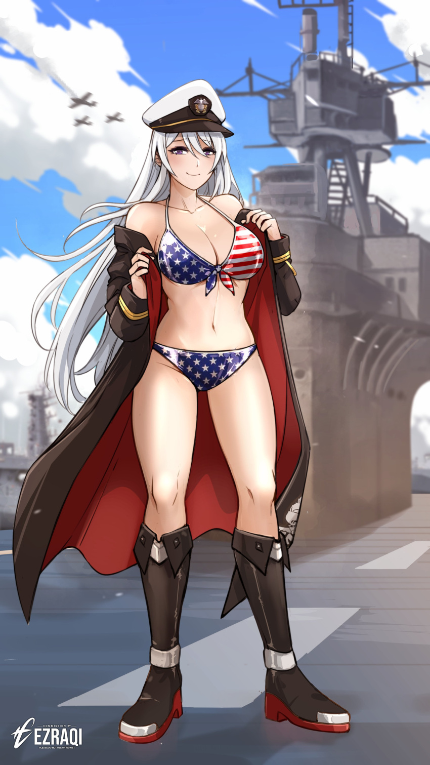 absurdres aircraft aircraft_carrier airplane american_flag american_flag_bikini american_flag_print artist_name azur_lane bare_shoulders bikini black_coat black_footwear blue_sky boots breasts cloud coat commission english_commentary enterprise_(azur_lane) ezraqi female flag_print full_body highres knee_boots long_hair medium_breasts military_vehicle navel on_ship open_clothes open_coat print_bikini purple_eyes ship sky smirk solo stomach swimsuit vgen_commission warship watercraft white_hair