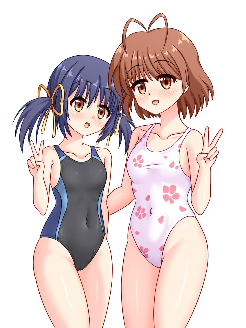 2girls antenna_hair black_one-piece_swimsuit blue_hair brown_eyes brown_hair clannad commission competition_swimsuit covered_navel floral_print furukawa_nagisa highleg highleg_one-piece_swimsuit highres multicolored_clothes multicolored_swimsuit multiple_girls one-piece_swimsuit pixiv_commission short_hair simple_background sunohara_mei swimsuit tamba_i twintails v white_background white_one-piece_swimsuit