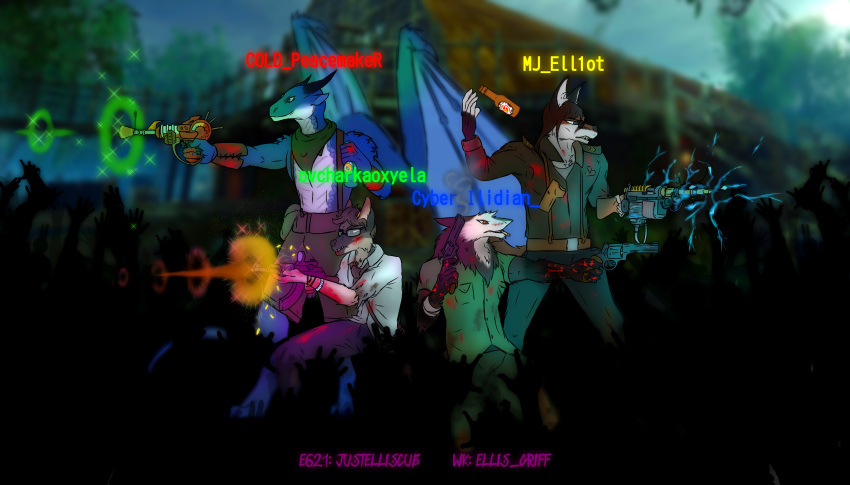 activision anthro blood blood_splatter bodily_fluids call_of_duty canid canine canis drago dragon fox group hi_res horde justelliscub male mammal mythological_creature mythological_scalie mythology scalie sergal shi_no_numa shooting undead weapon wings wolf zombie