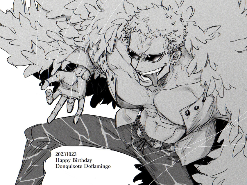 1boy 2023 blonde_hair character_name coat donquixote_doflamingo earrings english_text feet_out_of_frame happy_birthday highres jewelry male_focus medamayaki_tro monochrome muscular muscular_male one_piece open_clothes open_mouth open_shirt shirt short_hair smile sunglasses thread tongue tongue_out white_background white_shirt