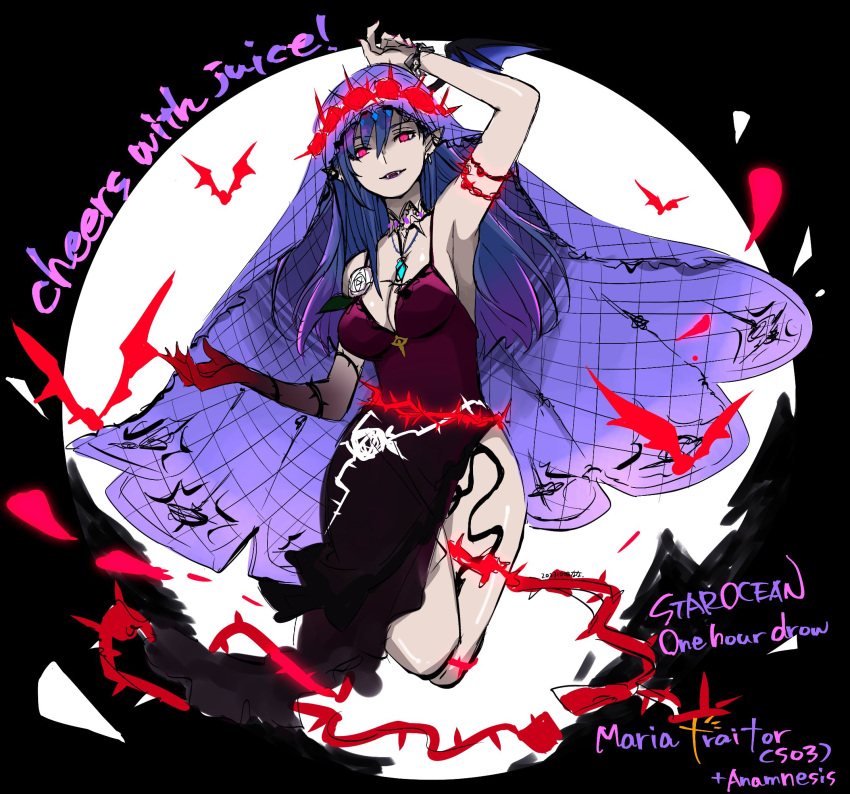 bat_(animal) blue_hair breasts cleavage crown_of_thorns dress earrings fangs female floating flower flower_wreath full_body halloween_costume head_wings highres jewelry lace-trimmed_dress lace-trimmed_veil lace_trim long_hair looking_at_viewer maria_traydor mayashtale medium_breasts moon one-hour_drawing_challenge open_mouth pale_skin pointy_ears purple_veil red_eyes red_flower red_rose rose single_head_wing smile solo star_ocean star_ocean_anamnesis star_ocean_till_the_end_of_time thorns tree wings