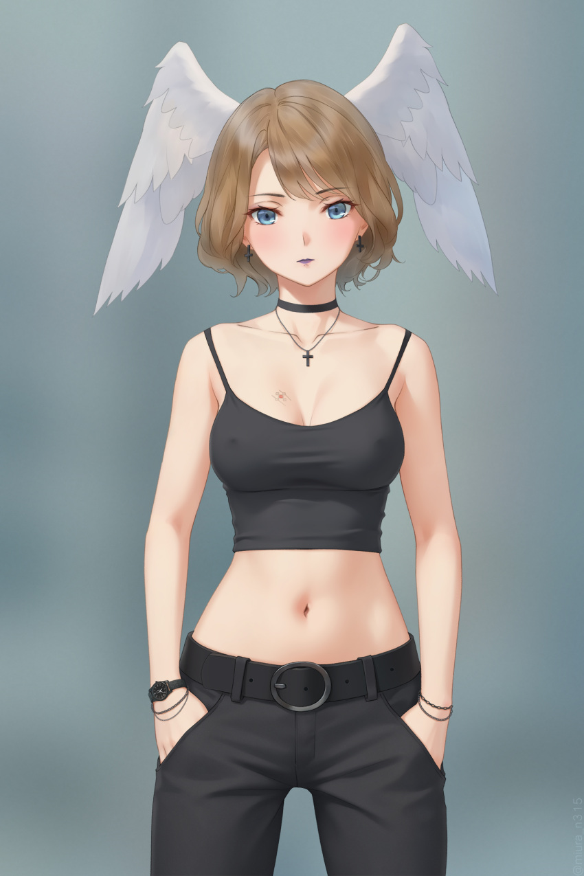 bare_shoulders belt black_pants blue_eyes blush bracelet breasts brown_hair choker cleavage collarbone covered_nipples crop_top cross cross_earrings cross_necklace denim earrings eunie_(xenoblade) feathered_wings female hair_wings hands_in_pockets highres jeans jewelry looking_at_viewer medium_breasts miura-n315 navel necklace no_bra pants short_hair solo tattoo watch wings wristwatch xenoblade_chronicles_(series) xenoblade_chronicles_1 xenoblade_chronicles_3