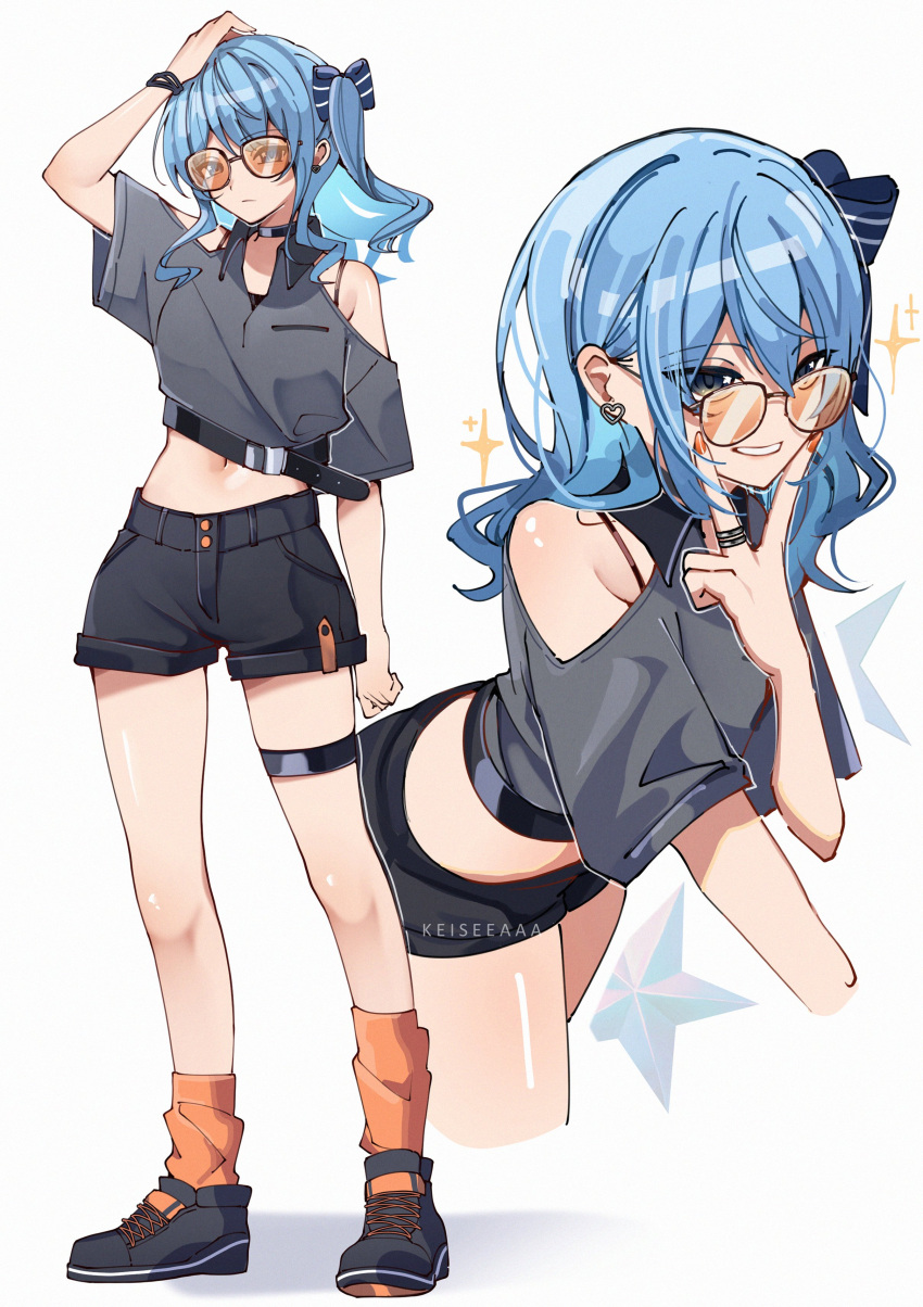 absurdres armpit_crease bare_shoulders belt_around_waist blue_hair bow bra_strap bracelet breast_pocket casual choker crop_top earrings expressionless female full_body grey_eyes hairbow heart heart_earrings highres hololive hoshimachi_suisei jewelry keisea multiple_views navel orange_socks pocket ring round_eyewear shiny_skin shoes short_shorts shorts side_ponytail simple_background smile sneakers socks solo sparkle star_(symbol) star_in_eye stomach sunglasses symbol_in_eye thigh_strap thighhighs v virtual_youtuber white_background