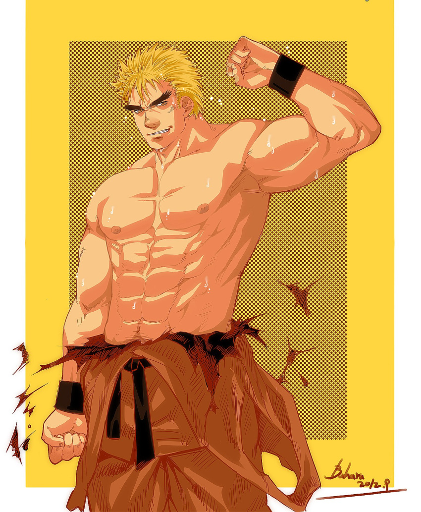 1boy abs amber_eyes baharu blonde_hair clenched_hands clothes_ripping date facial_scar king_of_fighters looking_to_the_side male_only muscular muscular_male nipples pecs raised_arm ryo_sakazaki safe signature simple_background smug snk solo_male sweating tagme wristbands