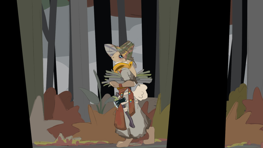 anthro axe clothed clothing female forest hatchet hi_res holding_object lagomorph leporid mammal omnipresentcrayon plant rabbit simple_background solo solo_focus story tree walking