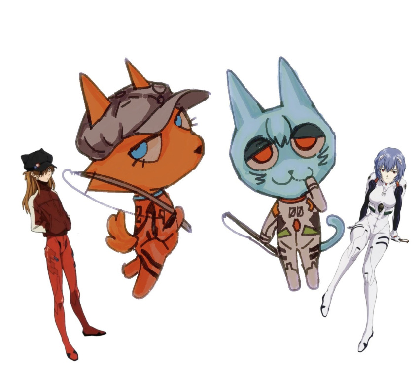 animal_crossing asuka_langley_soryu blue_eyes bodysuit canid canine clothing clozaphim domestic_cat duo felid feline felis female fox hi_res human jacket mammal neon_genesis_evangelion nintendo pilot_suit plugsuit red_clothing red_eyes red_jacket red_topwear rei_ayanami simple_background skinsuit tight_clothing topwear white_background white_bodysuit white_clothing white_skinsuit