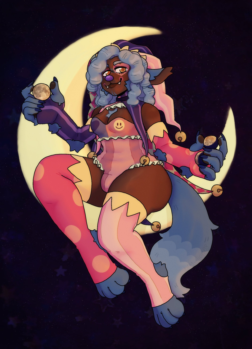 absurd_res anthro bulge canid canine claws clothing clown crescent_moon cute_fangs ejaculation fool's_hat gynomorph hair hat headgear headwear hi_res humanoid intersex jester legwear leotard long_hair mammal moon paws solo stockings tail thick_thighs tinylion18