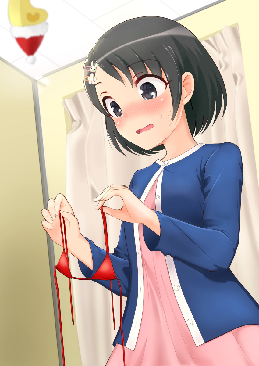 1other :o absurdres bikini black_hair blue_jacket blush changing_room commentary_request dress embarrassed female hat highres holding holding_swimsuit holding_unworn_clothes idolmaster idolmaster_cinderella_girls indoors jacket kirinp_u149 looking_at_object micro_bikini nose_blush p-head_producer pink_dress producer_(idolmaster) red_bikini santa_hat sasaki_chie short_hair solo_focus string_bikini sweatdrop swimsuit unworn_bikini_top voyeurism when_you_see_it