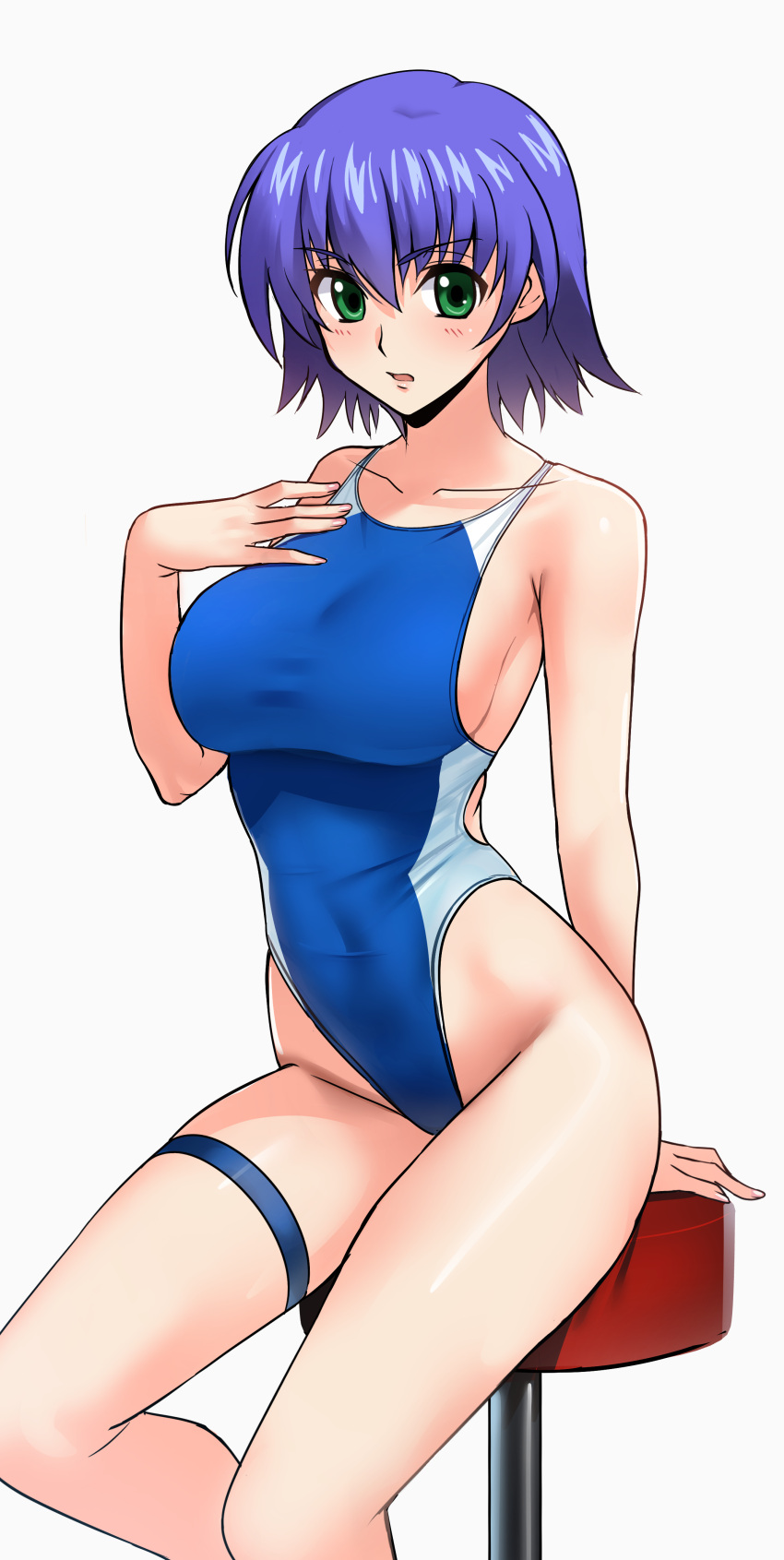 absurdres animal_ears armband blue_one-piece_swimsuit breasts commission cowboy_shot female green_eyes hand_on_own_chest highleg highleg_one-piece_swimsuit highres large_breasts leotard one-piece_swimsuit pixiv_commission purple_hair short_hair simple_background sitting solo stool swimsuit tail thighhighs to_heart_(series) to_heart_2 tonami_yuma two-tone_swimsuit white_background white_thighhighs yoo_tenchi