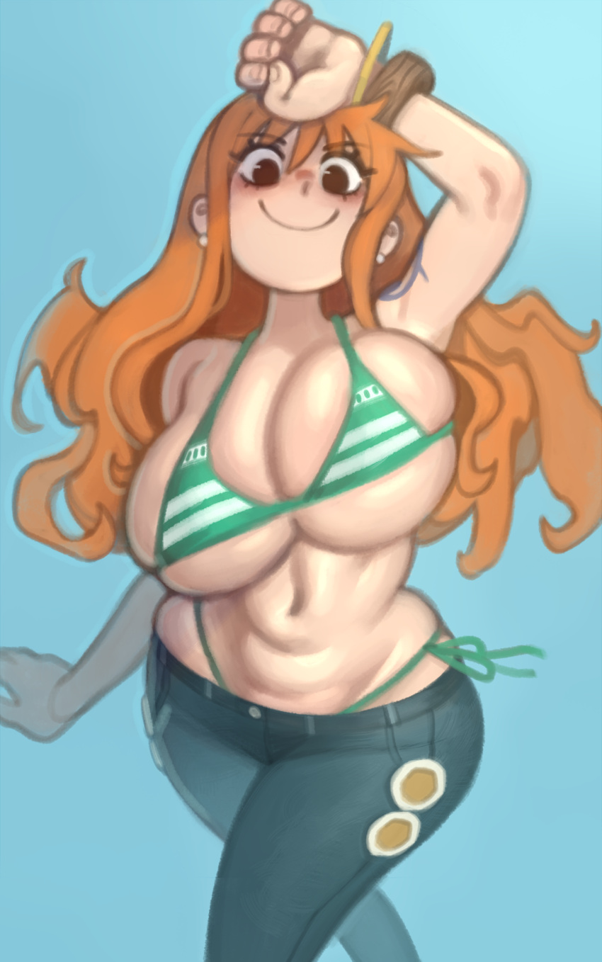 bikini blue_background blue_pants bracelet breasts brown_eyes closed_mouth denim female green_bikini highres huge_breasts jeans jewelry kelvin_hiu long_hair nami_(one_piece) navel one_piece orange_hair pants simple_background skindentation smile solo swimsuit