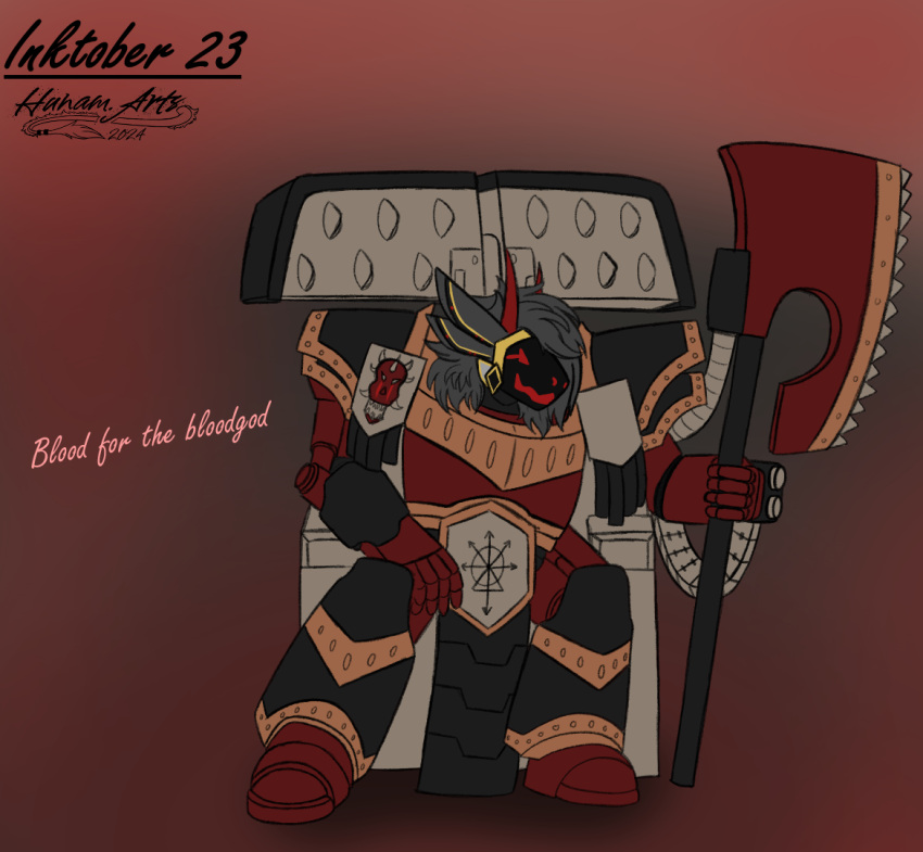 anthro armor axe bolter chain_axe horn hunamarts inktober_2024 machine mars_(hunam) power_armor protogen protogen_visor solo warhammer_(franchise) warhammer_40000