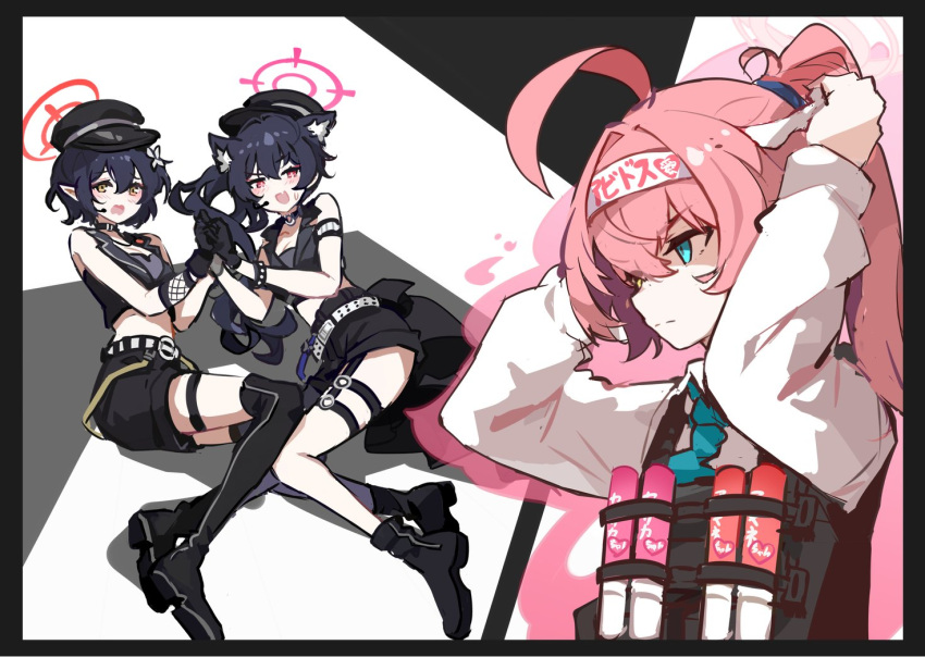 3girls abstract_background ahoge animal_ears arm_strap ayane_(blue_archive) ayane_(idol)_(blue_archive) belt black_background black_footwear black_gloves black_hair black_hat black_jacket black_shorts blue_archive blue_eyes blue_necktie blush boots bulletproof_vest cat_ears cat_girl closed_mouth cropped_jacket embarrassed frown gloves glowstick hachimaki hair_intakes halo hands_up hat headband heterochromia holding_hands hoshino_(armed)_(blue_archive) hoshino_(blue_archive) ideolo jacket long_hair midriff multiple_girls necktie nervous_smile open_mouth peaked_cap penlight_(glowstick) pink_hair ponytail red_eyes serika_(blue_archive) serika_(idol)_(blue_archive) serious shirt short_hair short_shorts shorts side_ponytail single_thighhigh sleeveless sleeveless_jacket smile thigh_boots thigh_strap thighhighs translation_request tying_headband v-shaped_eyebrows white_background white_belt white_shirt yellow_eyes