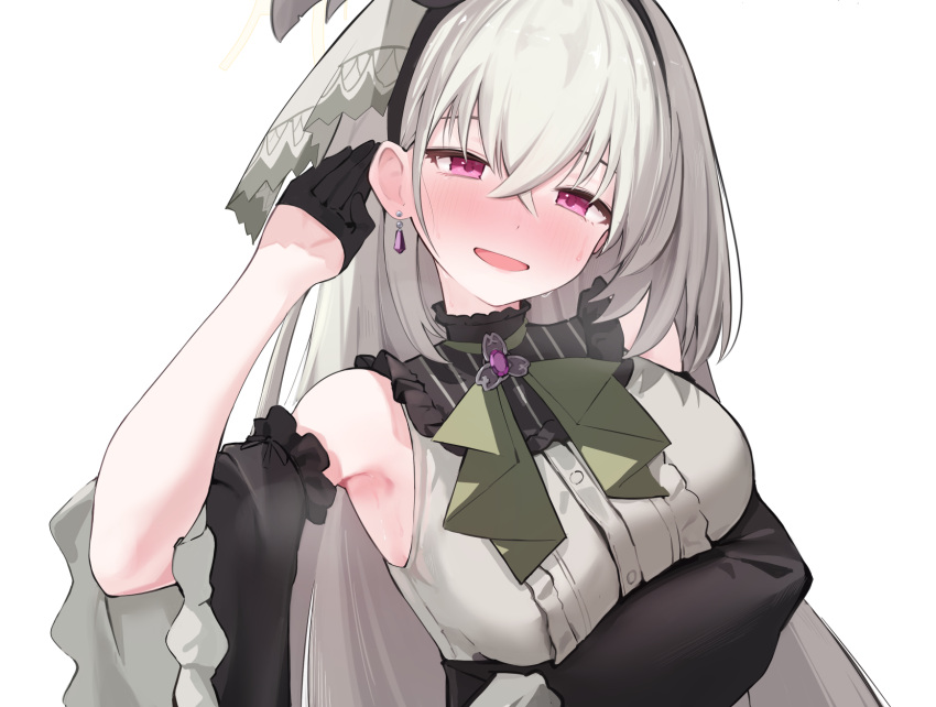 arm_under_breasts armpits black_gloves blue_archive blush breasts center_frills crossed_legs detached_sleeves earrings female frills gloves grey_hair grey_shirt hair_between_eyes half_gloves hand_up highres jewelry large_breasts long_hair looking_at_viewer nose_blush official_alternate_costume red_eyes sakurako_(blue_archive) sakurako_(idol)_(blue_archive) shiriko shirt simple_background sleeveless sleeveless_shirt smile solo straight_hair sweat very_long_hair white_background